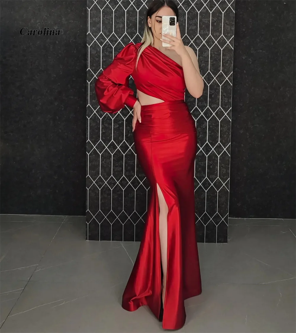 

One-Shoulder Prom Gown Elegant Floor Length High Split Occasion Dress Robe De Soirée Women Puffy Sleeves Evening Party Dress