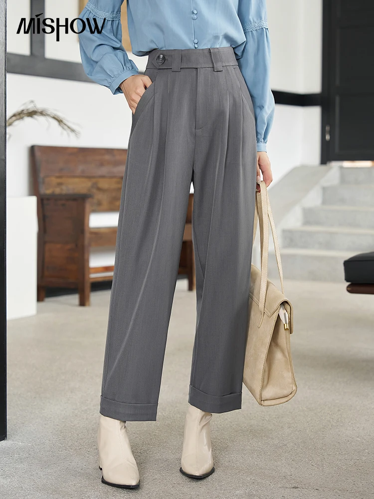 MISHOW Loose Fit Straight Suit Pants for Women 2023 Autumn Button Solid Flat Casual Ankle-Length Pants Office Lady MXC42K0439