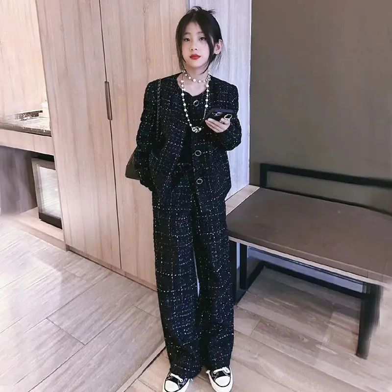 

Girls' Spring and Autumn Set 2023 New Autumn Dress Shiny Small Fragrance Black Coat Wide Leg Pants Popular Two Piece Set