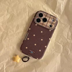 Retro Grid Pattern Stars Leather Phone Case with Pendant - Shockproof Cover - iPhone 15 Plus (Yellow With Pendant)