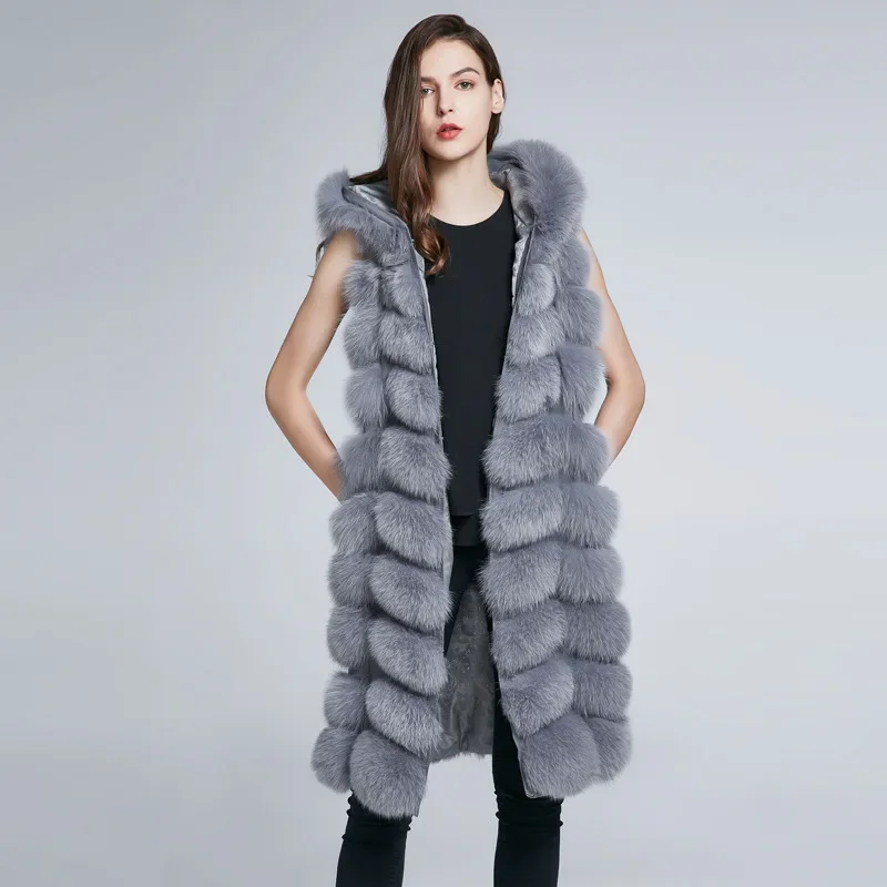 Hooded Fox Fur Grass Coat Vest Extended Women's European and American Autumn and Winter