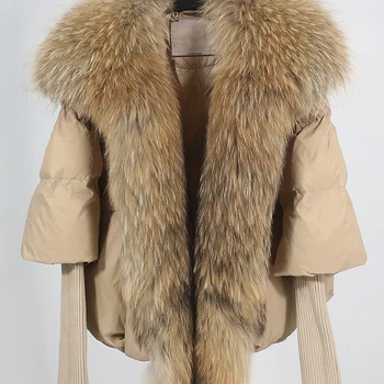 루즈한 천연 리얼 여우 모피 칼라 코트, 두꺼운 유럽 패션, 화이트 덕 다운 재킷, 겨울 여성 따뜻한 럭셔리 아우터, 신상