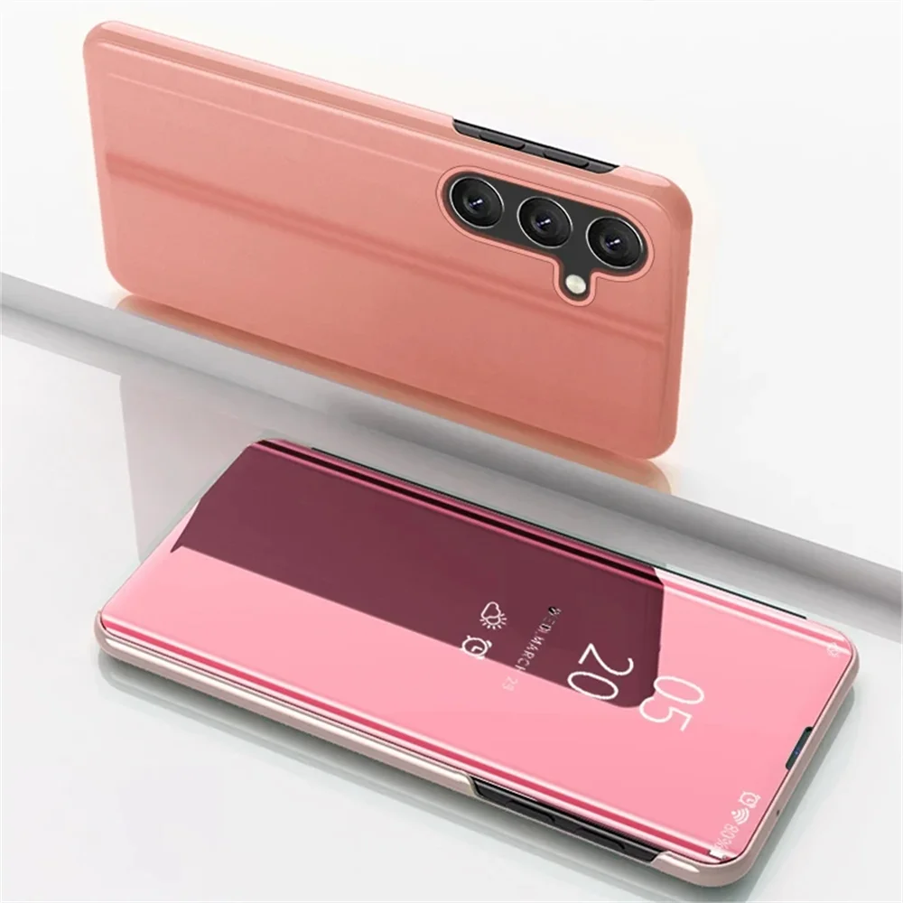 Sleek Mirror Flip Leather Phone Case with Stand Feature and Hard Back Cover
