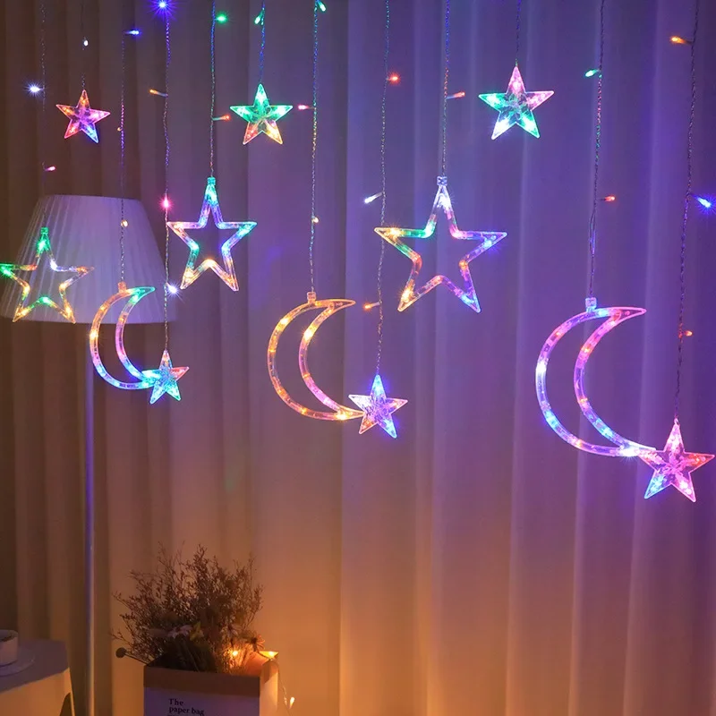 LED Star Moon Curtain Garland String Light 2024 Christmas EID Mubarak Ramadan Decorations Islam Muslim Party Supplies Decor Gift