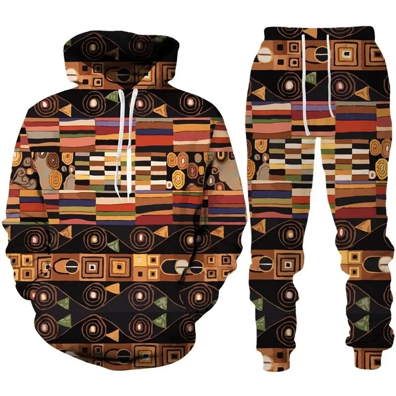 New Vintage Abstract Pattern 3D Print Men Clothing Suit Ethnic Style Hoodie Pants 2 Piece Set Men's Sportswear Tracksuit Autumn 2