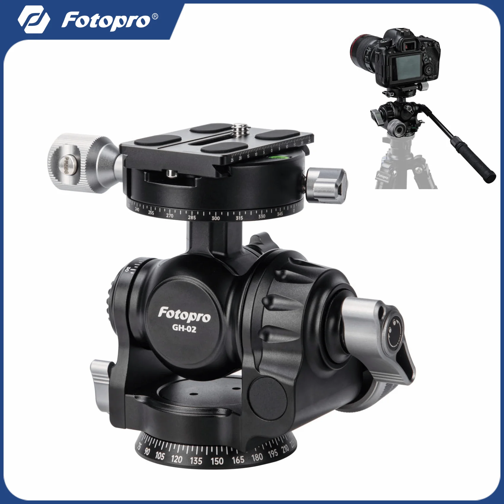 Fotopro 3-Way Geared Tripod Head with Handle Grip 3-Axis Pan Tilt Head Lightweight Compact Gimbal GH-02 GH-03