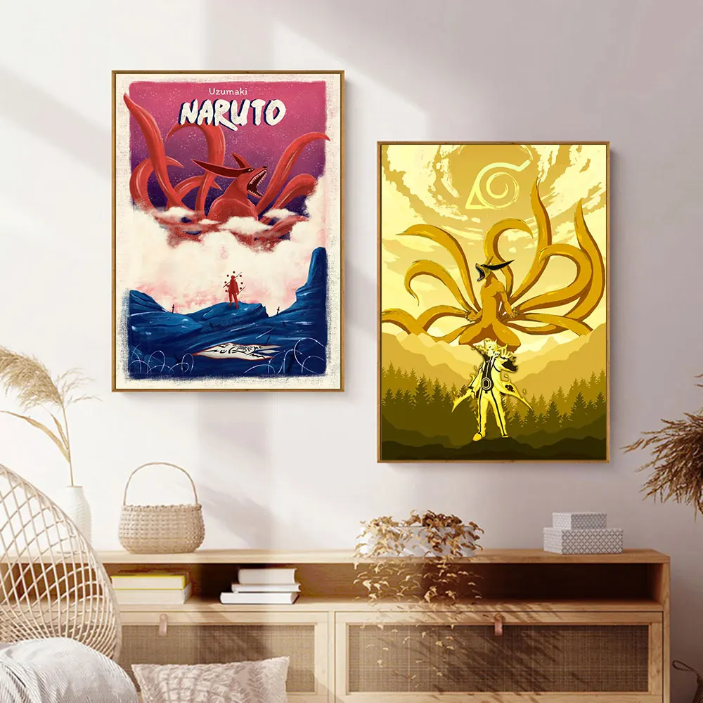 

Anime Peripheral Vintage Posters Canvas Painting Wall Art Uzumaki Naruto Nine Tailed Fox Spirit Picture Mural for Bedroom Decor