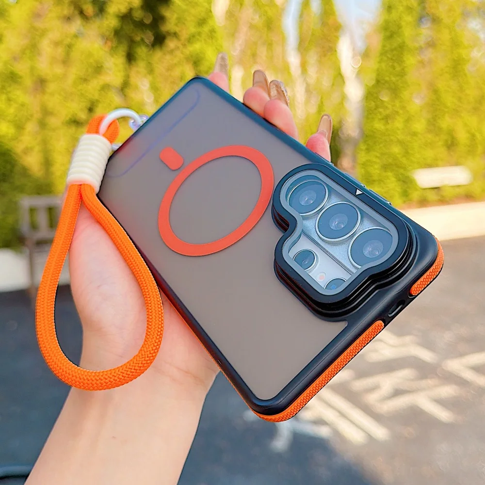 Matte Magnetic Wireless Charging Case with Foldable Lens Stand and Wrist Strap Lanyard
