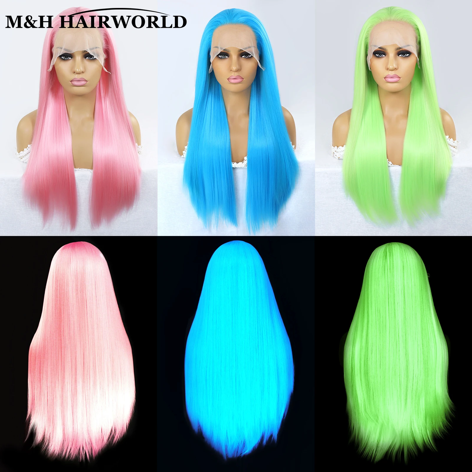 Green Blue Pink Glowing Luminous Wig 13x3 Lace Front Wig Synthetic Cosplay Party Light Glowing Hair Shining Hair In The Dark