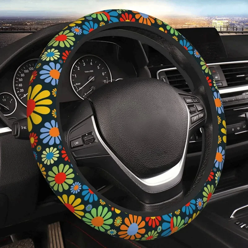 

Hippie Flower Steering Wheel Cover - Neoprene Elasticity Car Steering Wheel Covers 15 Inch Universal Anti-Slip Breathable