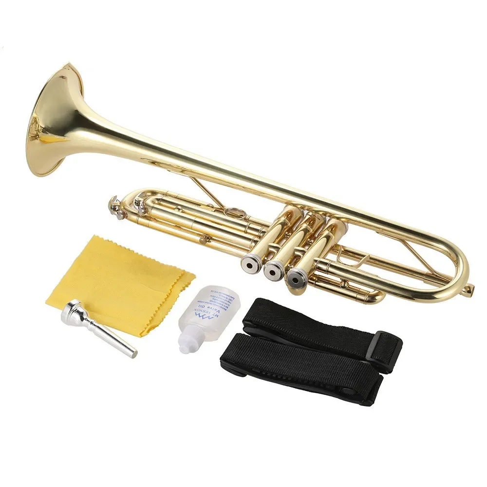 Trumpet Bb B Flat Brass Gold-painted Exquisite Durable Musical Instrument with Mouthpiece Valve Oil Gloves Strap Case