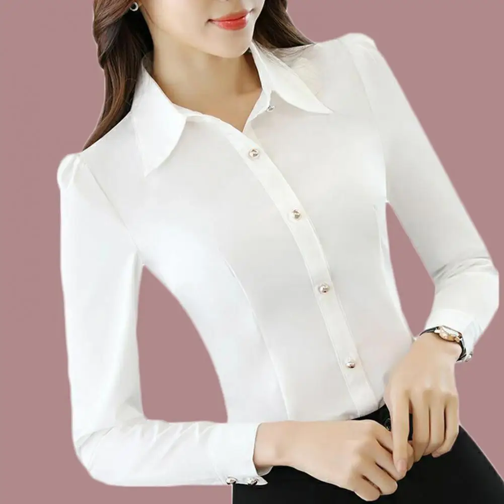 Women Shirt  Dignified   Women Blouse Solid Color Long Sleeve Formal Shirt