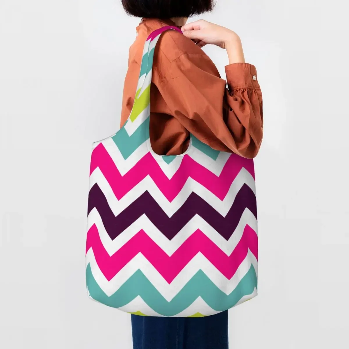 

Printed Multicoloured Zigzag Pattern Tote Shopping Bags Canvas Shopper Shoulder Bohemian Modern Geometric Bags Handbags Gifts