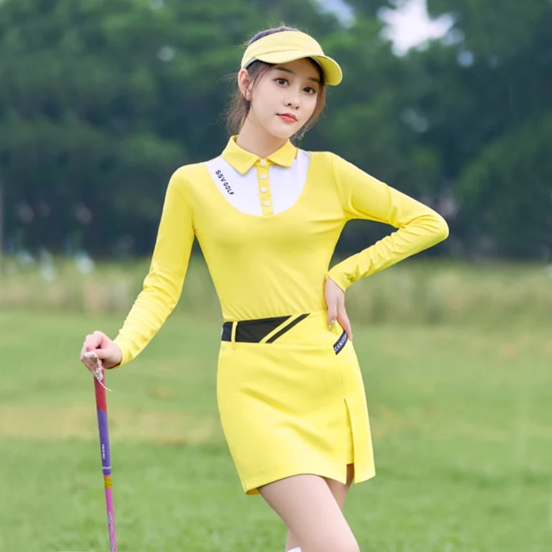 Ladies sports clothing suit yellow long sleeve lapel polo shirt for women quick dry short skirt female golf wear