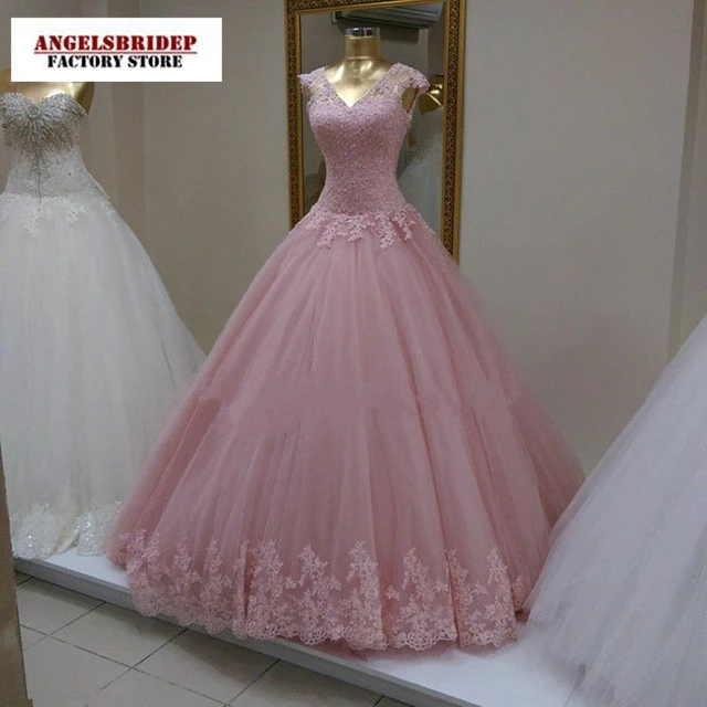 

ANGELSBRIDEP Real Photos Ball Gown Quinceanera Dresses Lace Appliques Vestidos De 15 Anos V-Neck Tulle Masquerade Princess Gowns