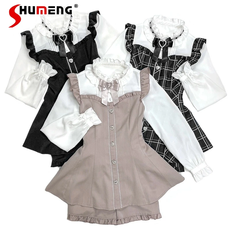 Autumn New SC Suit Fashion Bowknot Slimming High Waist Two-Piece Set Short Stand Collar Japanese Sweet Princess Top and Shorts симпатичный сплошной регулируемый кот галстук бабочка pet dog collar bowknot галстук бабочка галстук бабочка