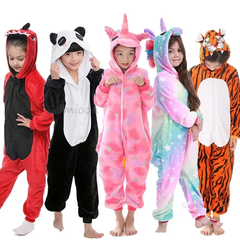 Kids Kigurumi Unicorn Pajamas Sleepwear Onesie Animal Cartoon Jumpsuit Cat Dinosaur Panda Costume Winter
