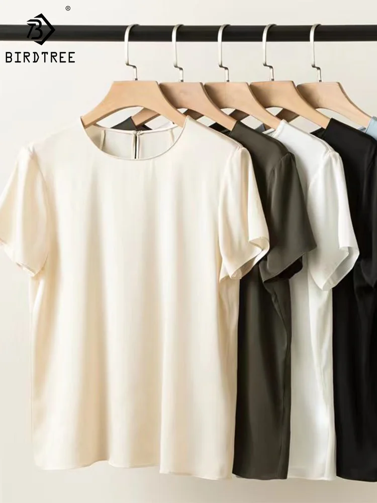 

Birdtree 95% Mulberry Silk Multicolour Women Simple Blouse Summer Short Sleeve Top Female Candy Color O-neck T Shirt T37716QM