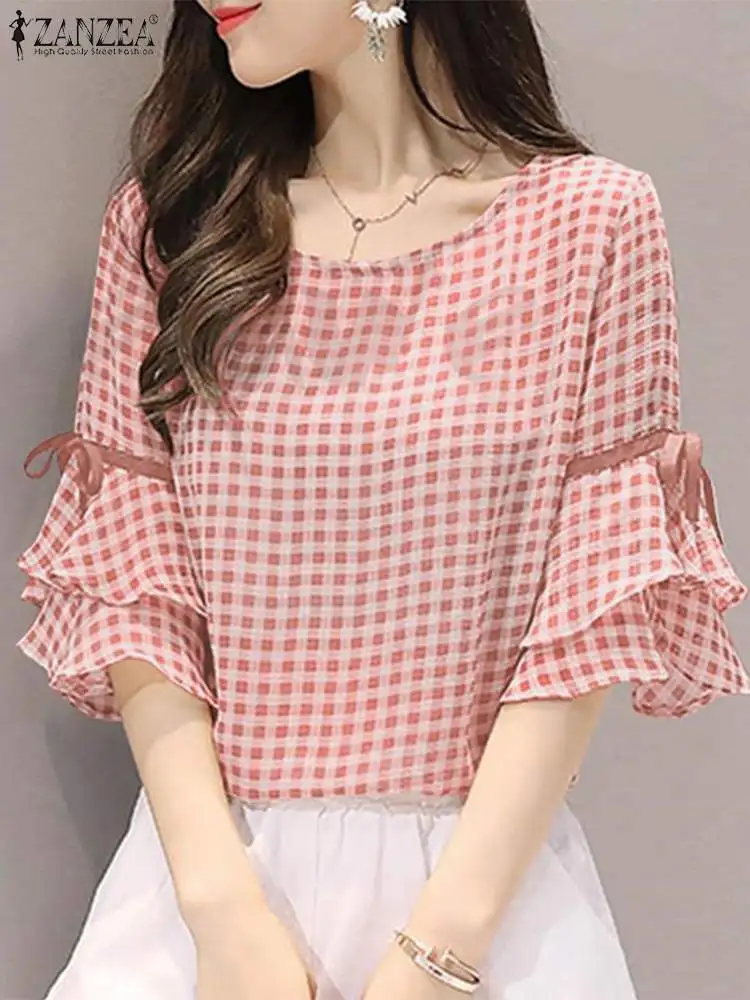 Women Check Blouse ZANZEA 2023 Elegant Summer Tops Lace-Up Flounce Sleeve Blusas Female O Neck Tunic Oversized Casual Shirts qoerlin thicken check pants women high waist korean fashion elastic waist trousers female loose casual wide leg pants 2023 new