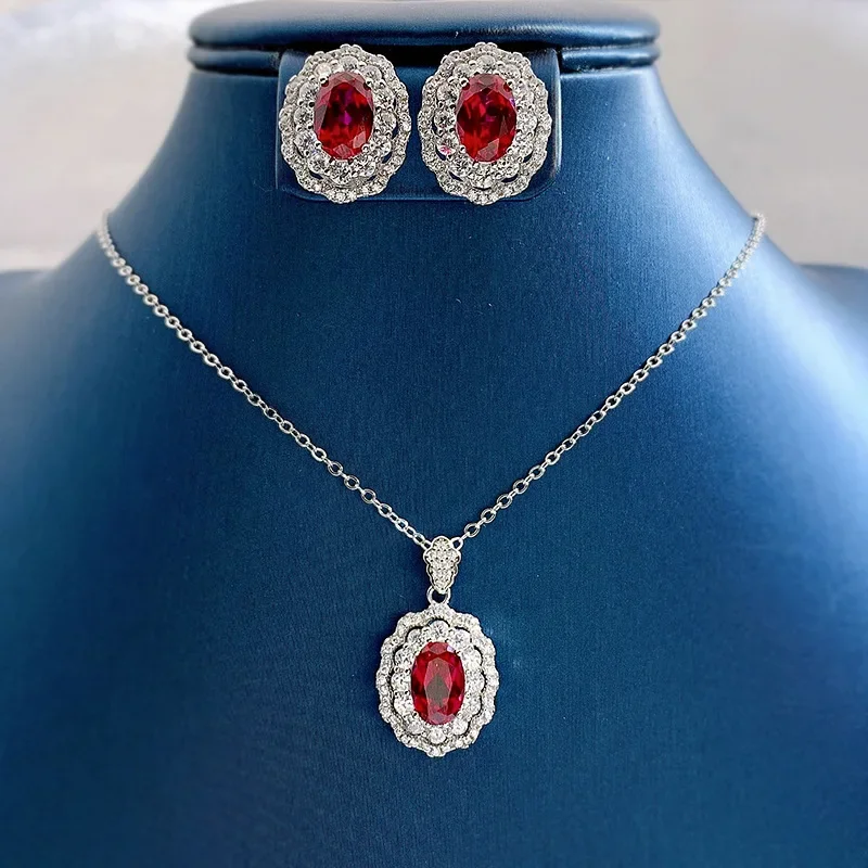 

Valuable Ruby Diamond Jewelry set 925 Sterling Silver Party Wedding Earrings Necklace For Women Bridal Engagement Jewelry Gift