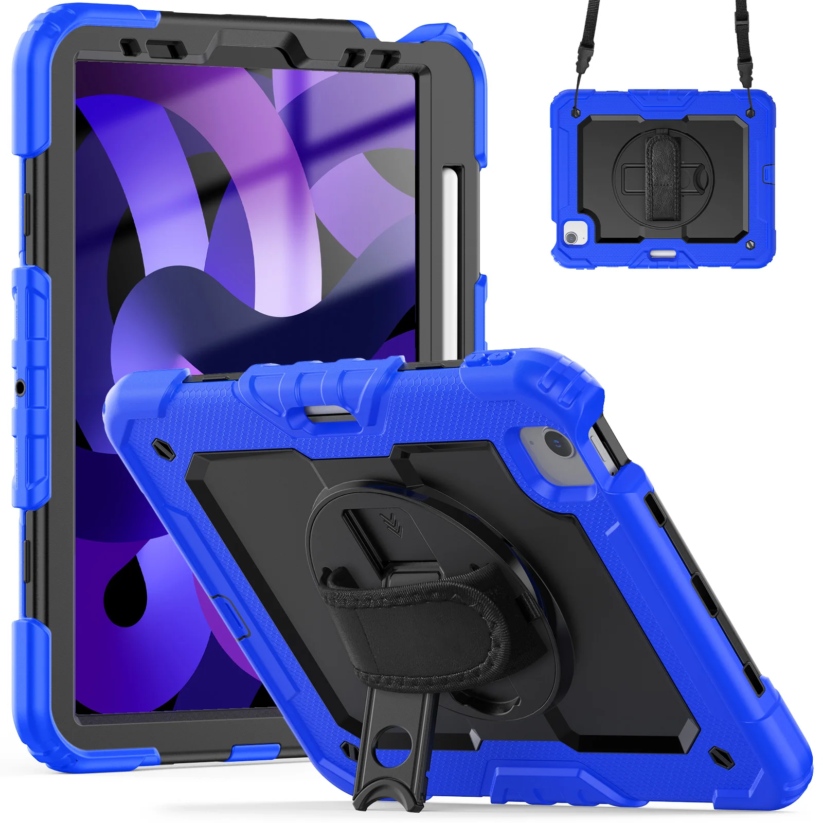 Shockproof Tablet Case with Screen Protector and 360° Rotating Hand Strap, Featuring Pencil Holder