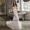 Mermaid Wedding Dress Sexy Deep V Neck See Through Back Buttons Lace Applique Glitter Tulle Trumpet Bridal Gown Robe De Mariage 1