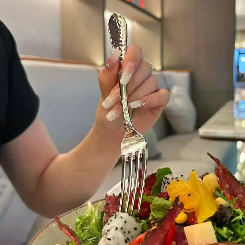 Stainless Steel Dinner Fork Long Handle Table Forks Set Korean Cutlery Four Tine Salad Dessert Fruit Forks Kitchen