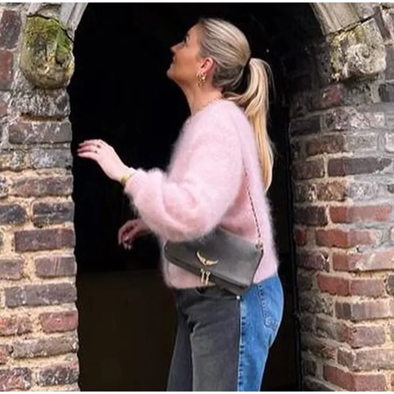 S90e1e7300730459bbd4c254d6fb50cc6u Lady Chic Round Neck Mohair Cardigan Casual Loose Single Breasted Long Sleeve Sweater, Women Elegant Office Commute Knitwear Mallzona