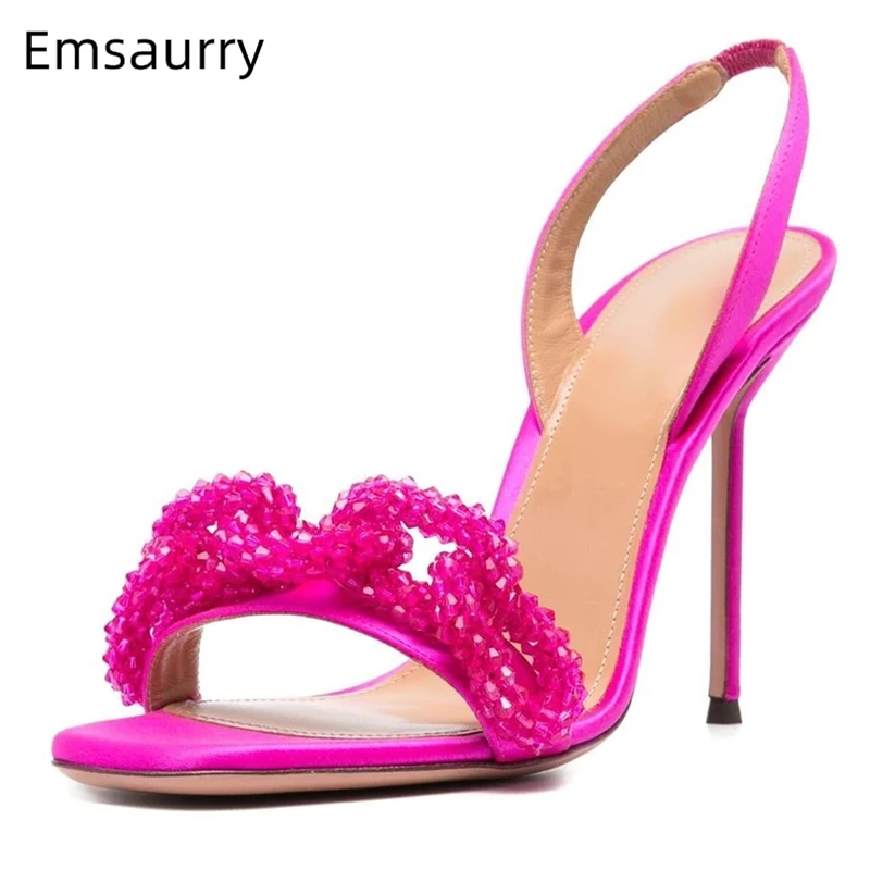 

Crystal Rhinestone Chains Decor Sandals Women 10cm Stiletto Heel Luxury Satin Back Strap Modern Summer Shoes