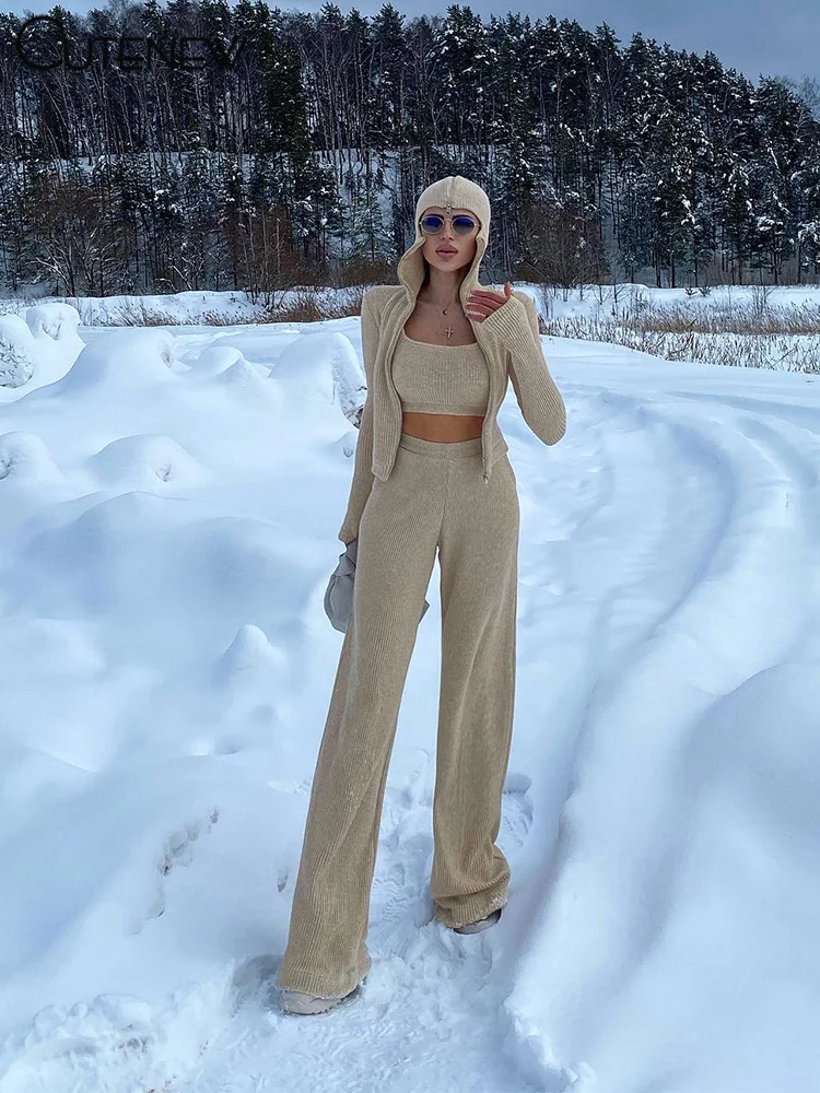Classic Sporty Women 2Piece Set Concise Autumn Tracksuits Solid Hooded Zip-up Crop Tops+Matching Pants Female Knit Suits