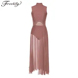 Women Modern Lyrical Dance Dress Ballet Gymnastics Leotard Sleeveless Rhinestone Split Sheer Dresses Stage Performance Dancewear