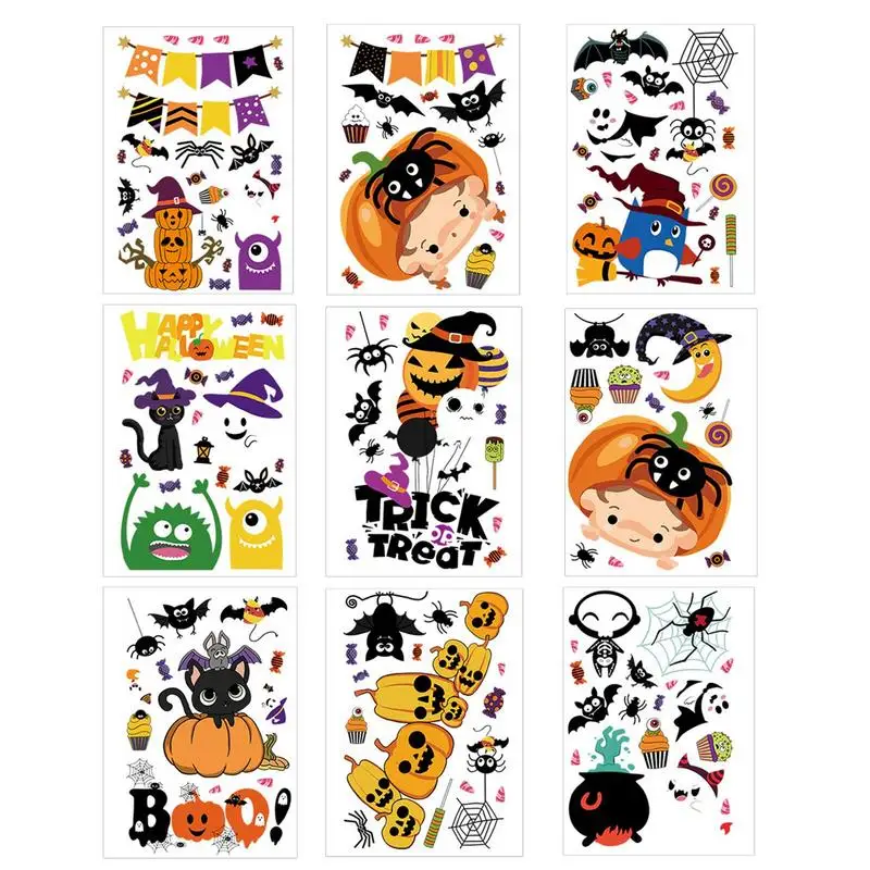 

Spooky Window Stickers 9 Sheets Skeleton Ghosts Witch Pumpkin Silhouette Stickers Halloween Static Stickers Cartoon Stickers