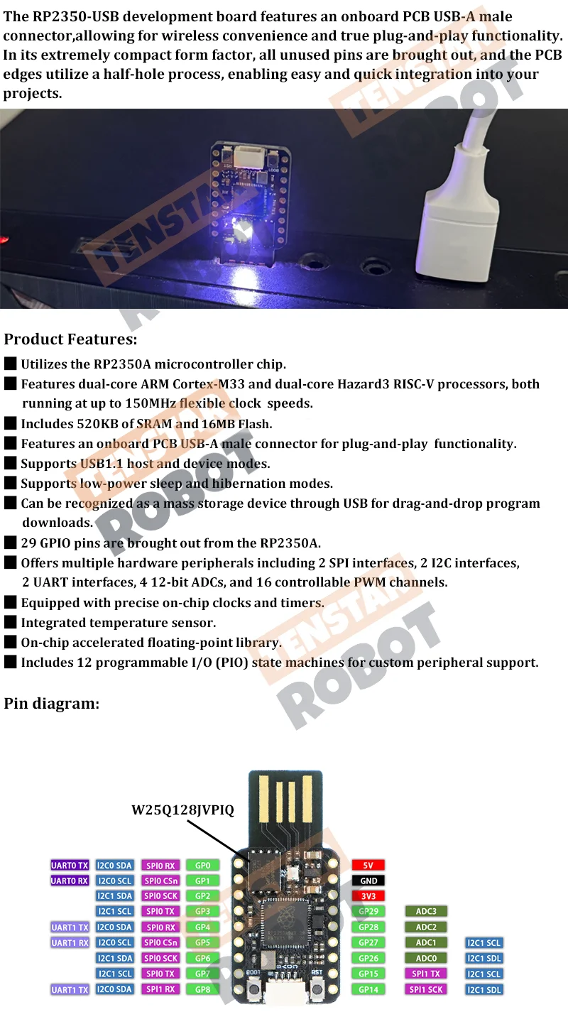 TENSTAR RP2350-USB 16 MB Flash Mini Development Board Modul Dual-Core RP2350A Chip 520 KB SRAM Für Raspberry Pi PICO2 RP2350 – Detail 1