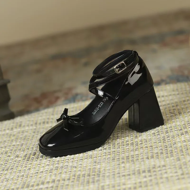 Mary Jane Women Pumps New Fashion Bowknot Thick High Heels Female Lolita Square Toe Party Leather Shoes for Woman Sandals2025