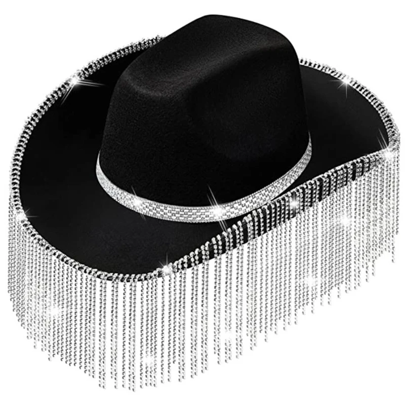 M2EA Rhinestones Cowgirl Hats Glitter Rave Cow Girl Hat with Rhinestones Fringe Adult Size Cowboy Hat for Party 3 Color cowboy hats cowgirl hats