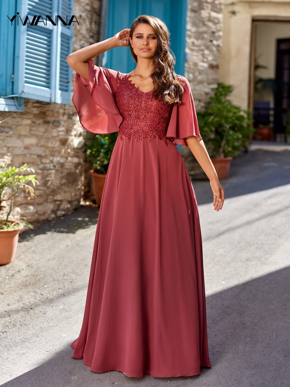 

Modern Flare Sleeve Evening Dress Classic Appliques Mother Of The Bride Dresses For Wedding Elegant Chiffon Long Prom Gown