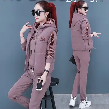 Women's Casual Fashion Autumn Winter New Sweat Suit Plush Thickened Hooded Tops and Waistcoat Pants 3 Three Piece Sets For Women 1