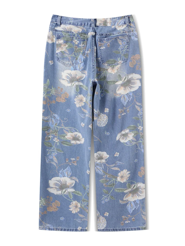 Pantalon en jean imprimé Floral pour femmes, taille moyenne, ample, jambes larges, Streetwear