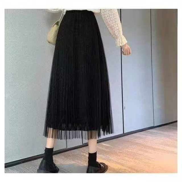 Faldas de malla de cintura alta para mujer, de corte A falda negra, moda coreana, albaricoque, suelta, combina con todo, larga mujer 2022 _ - AliExpress Mobile