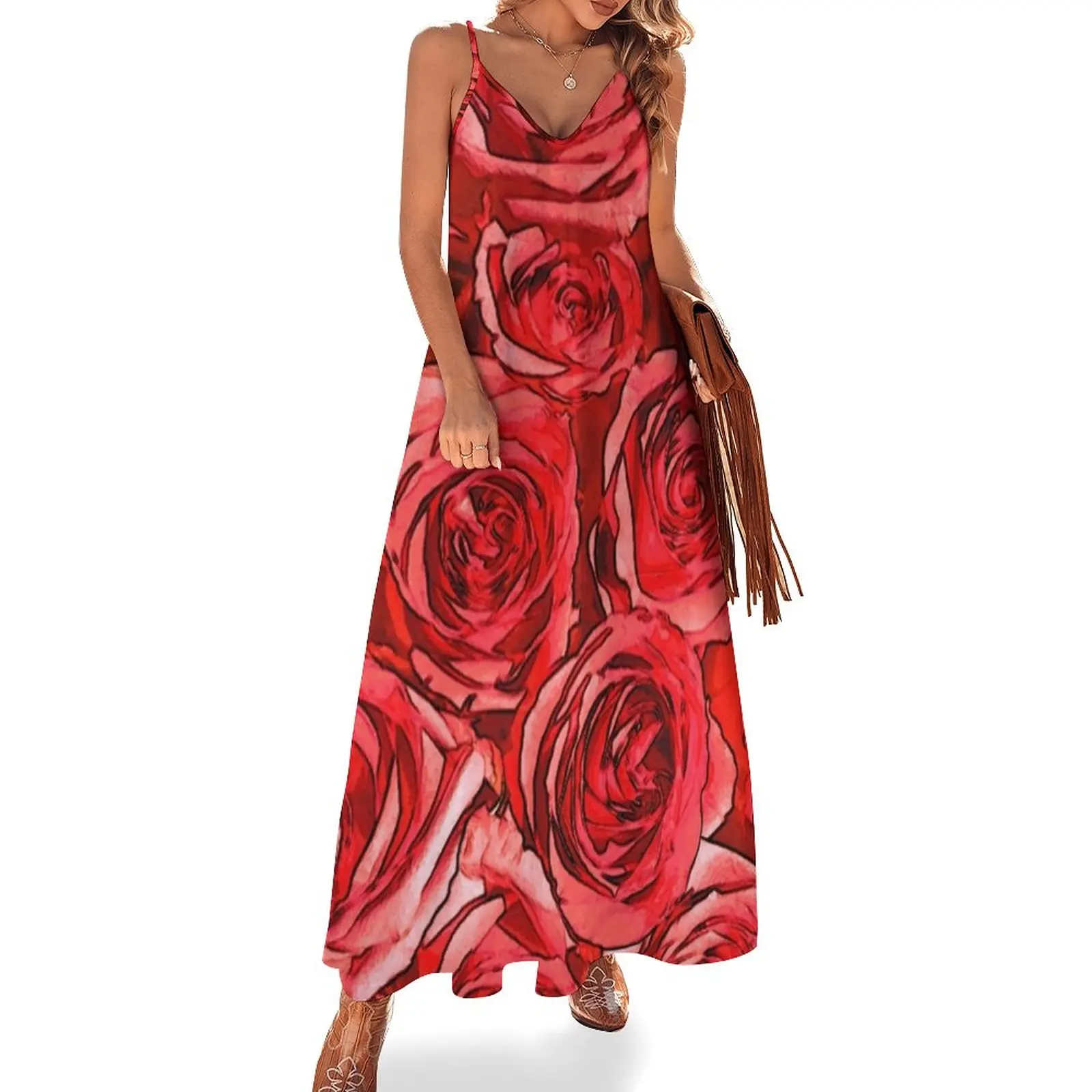 

Red Roses Sleeveless Dress ladies dresses for special occasions evening dress luxury woman party dress