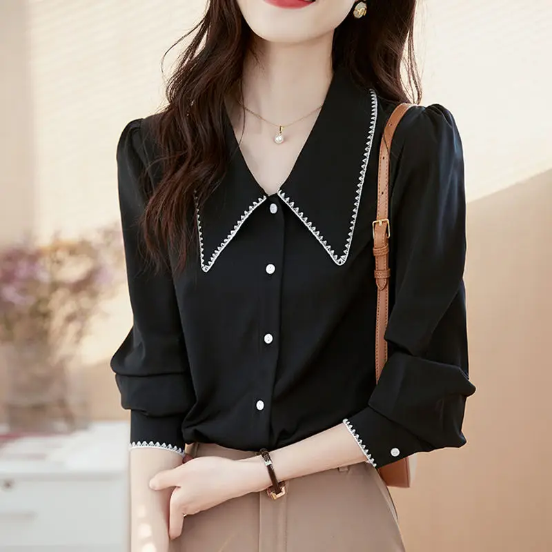 

Spring Autumn Fashion Printing Shirts Women's Clothing Korean POLO Collar Puff Sleeve Buttons Single Breasted Simplicity Tops