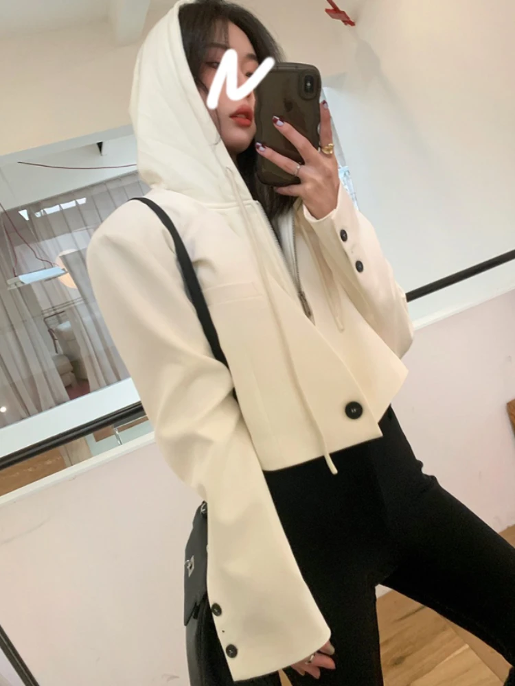 

Korean Cropped Blazers Women False 2 Pieces Simple Single Button Outwear Hooded Teens All-Match Long Sleeve Office Suit Jacket