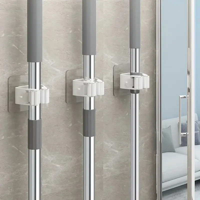 Wall-Mounted Mop & Broom Holder 4Pcs Easy-Install Strong Adhesive No-Drill Storage Rack for Home Organization Utility Hooks