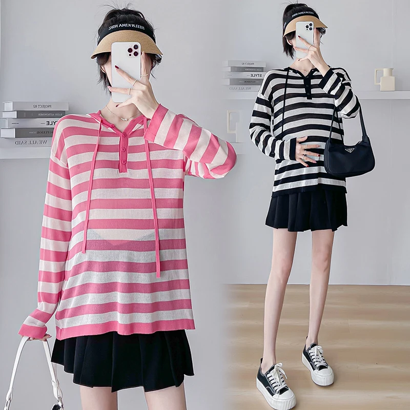 

Maternity Summer Hoodies Plus Size Long Sleeve Fashion Striped Sweatshirts Long Loose Thin Hooded Pregnant Woman Knitted Tops