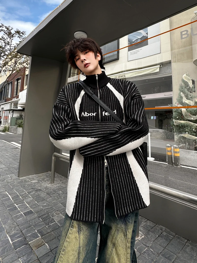 Winter Fashion Retro Alphabet Color Stitching Stand-Collar Sweaters Trendy Men's High Street Thick Cardigan Fashion Knitwears