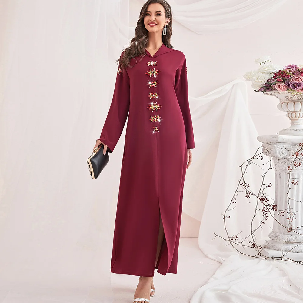 Ramadan Luxury Diamond Beaded Ethnic Kaftan Dress Dubai Turkey Arabic  Muslim Avocado Red Hooded Abaya Islamic Women Clothing