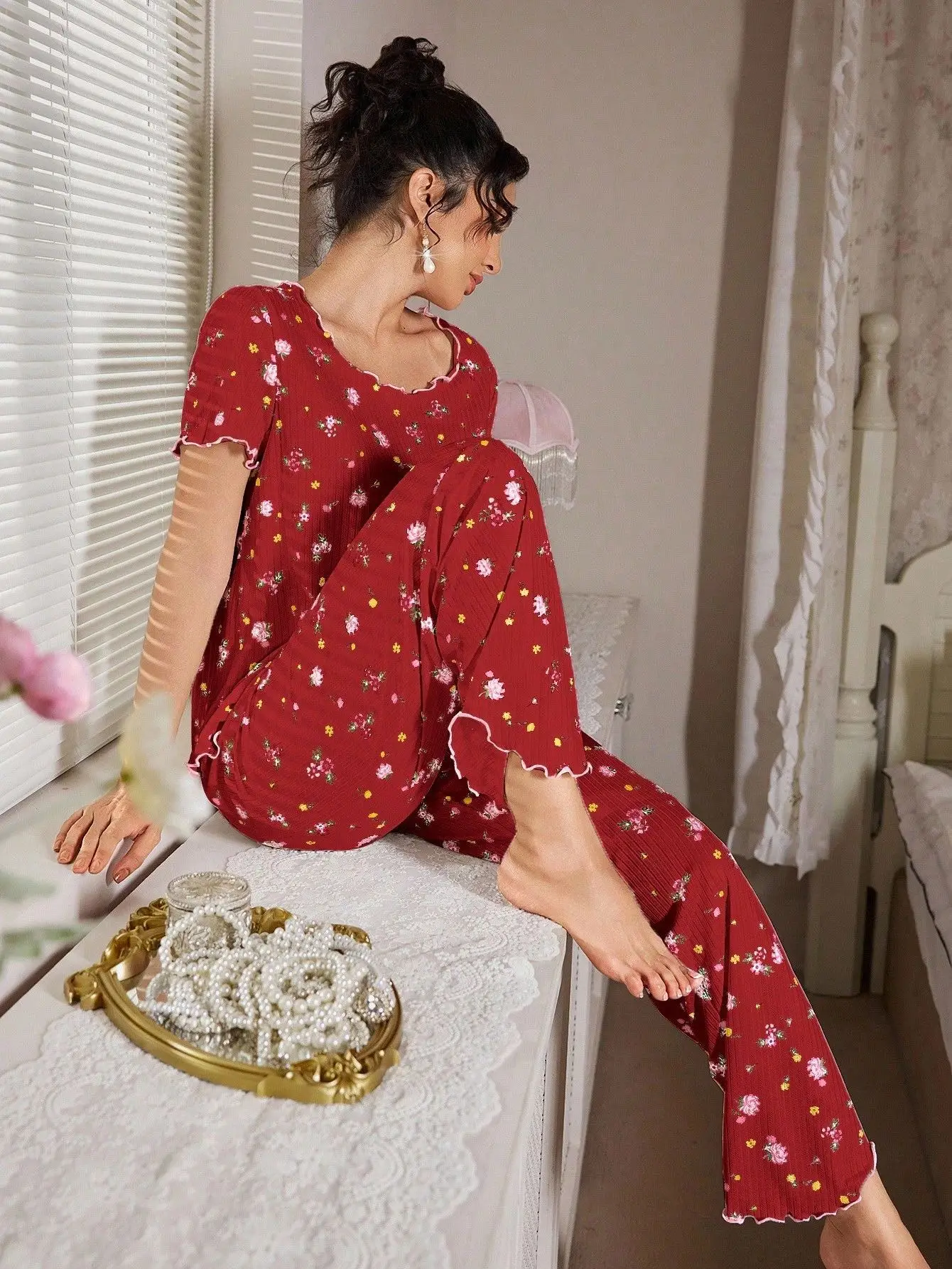 New European and American style loose-fitting women's pajamas, floral short-sleeved long pants home wear, casual two-piece set s