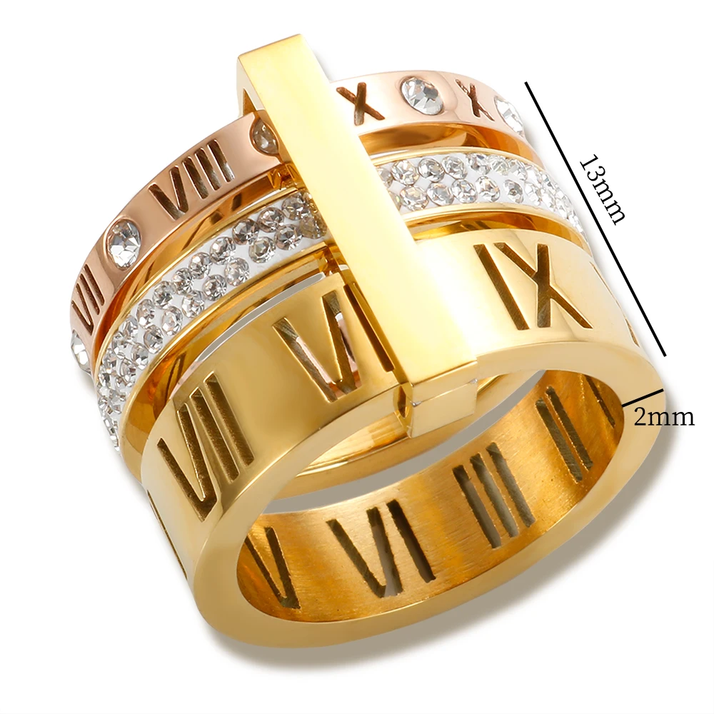 Three Layers Roman Numerals Ring for Women Luxury Stainless