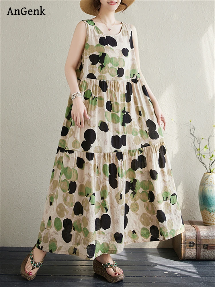 

Женское винтажное платье в горошек, повседневное хлопковое платье без рукавов, элегантная длинная одежда для отдыха, лето 2024