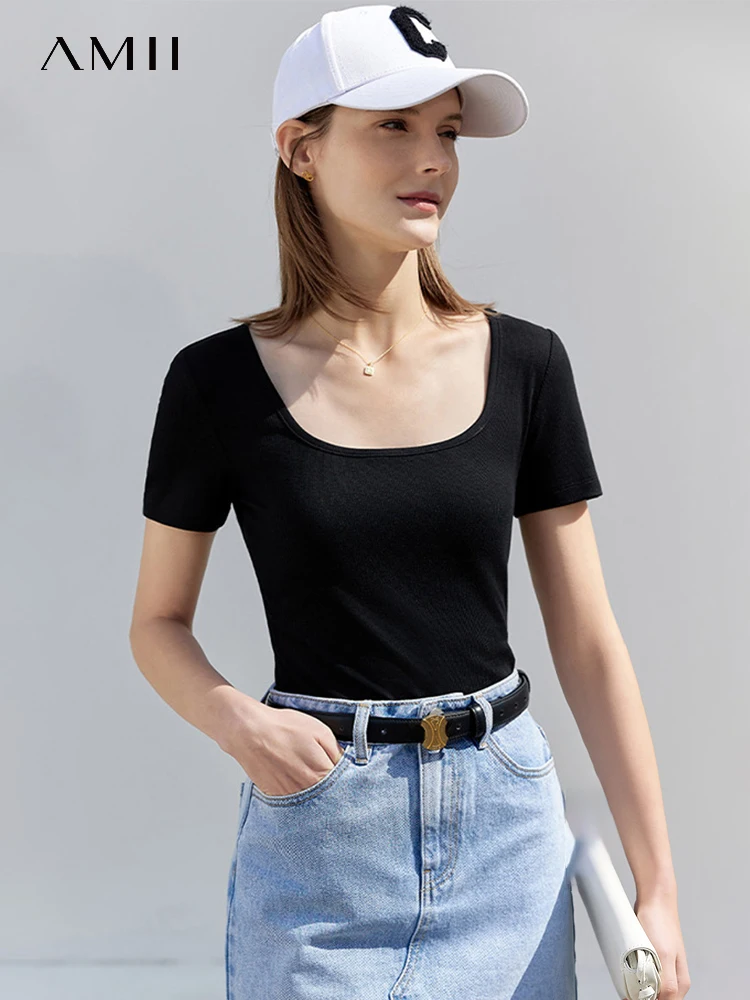 AMII Minimalism T-shirts for Women 2023 Summer U-Neck Tops Comfortable Elastic Slim Versatile Short Sleeve Girls Tees 12342288